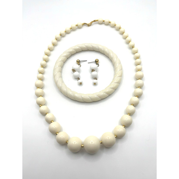 Vintage Plastic Beads Necklace Earrings & Bangle Cream Gold Tone J1-3028 - Picture 1 of 7